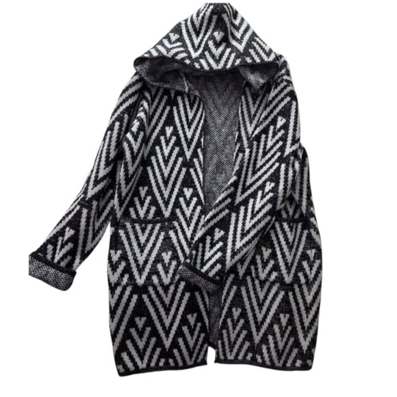 Papillon Hooded Geometric Open Front Coatigan Black White S/M - Picture 1 of 8